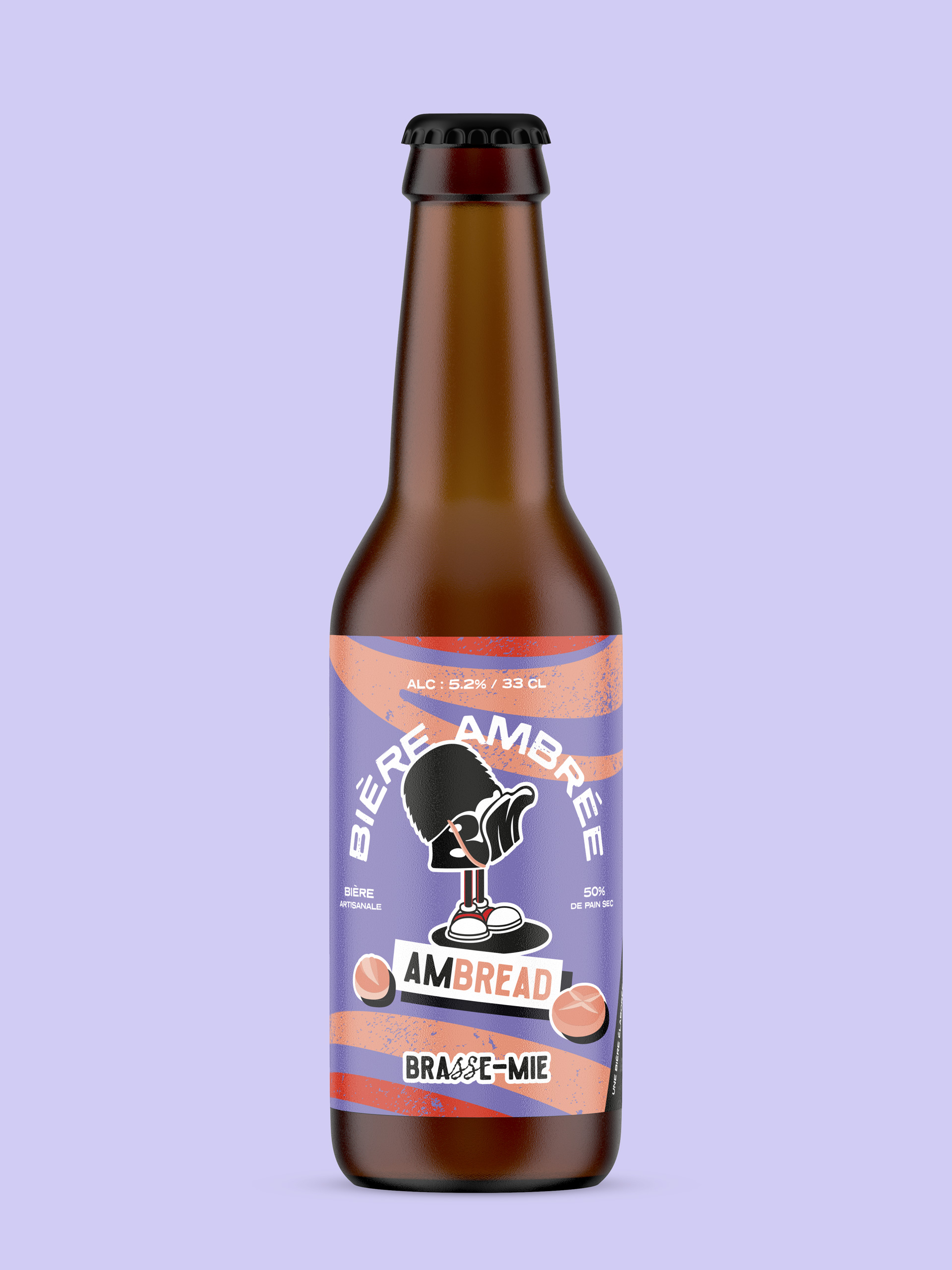 Bière artisanale Brasse-Mie Ambread, bière ambrée au pain sec, présentée sur fond violet.