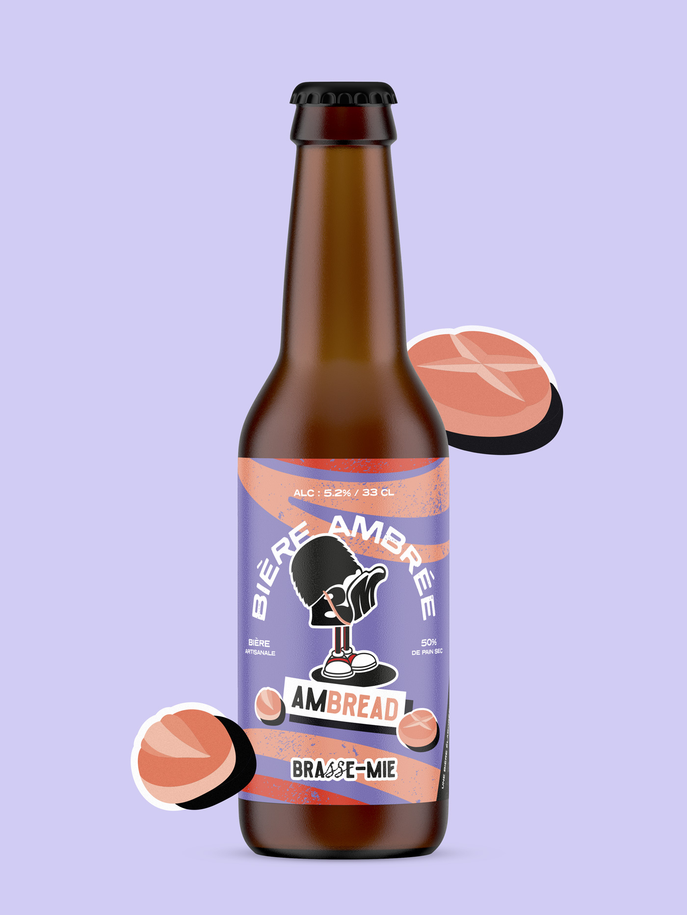 Bière artisanale Brasse-Mie Ambread, ambrée brassée avec du pain sec en mouvement.