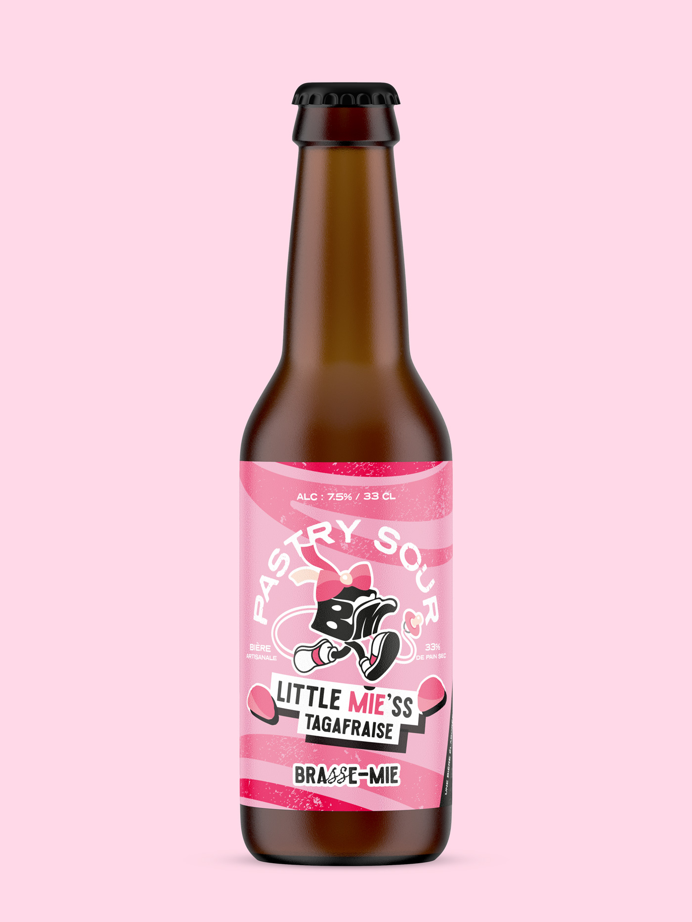 Bière artisanale Brasse-Mie Little Mie’ss, pastry sour à la fraise Tagada et au pain sec, présentée sur fond rose.