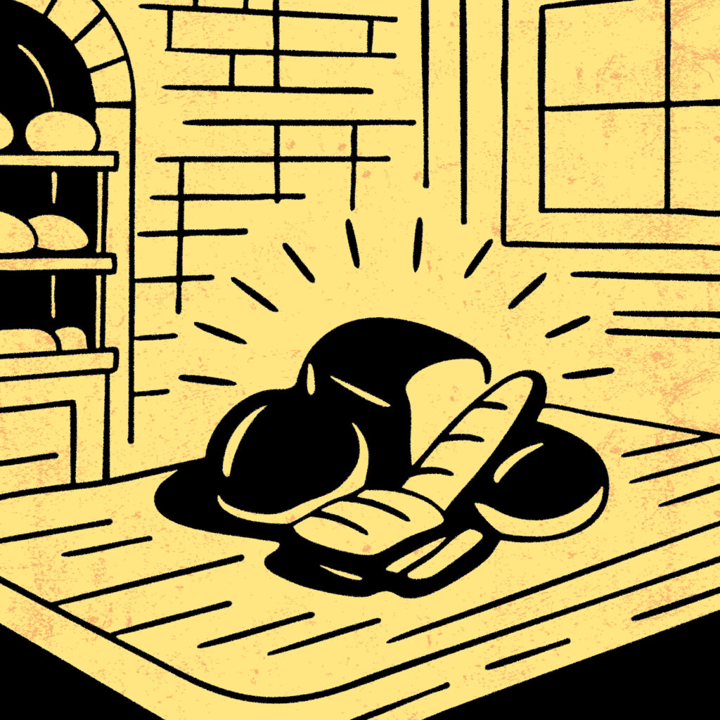 Illustration de l’idée de Brasse-Mie : des pains invendus posés sur une table, symbole du point de départ du projet.