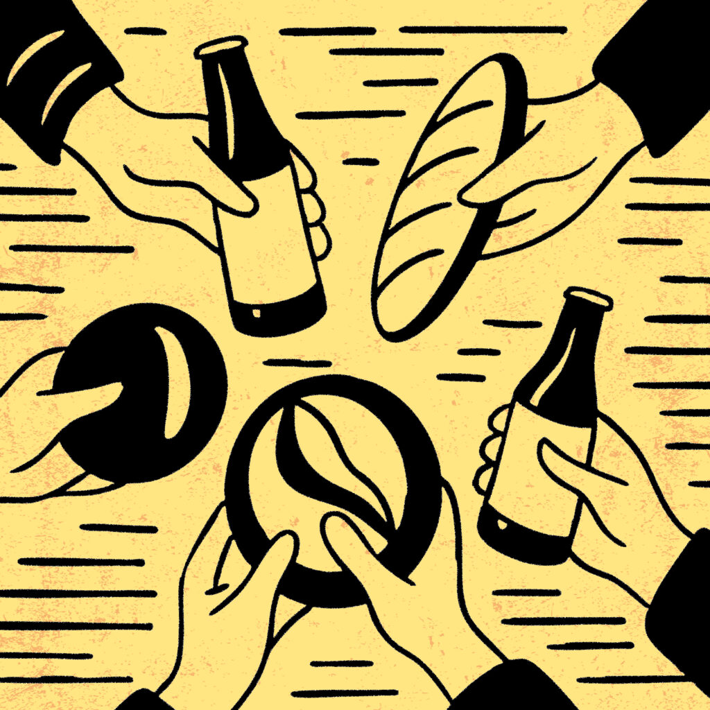 Illustration du projet Brasse-Mie qui prend vie : des mains tenant bières et pains, représentant les partenariats et les connexions autour de la microbrasserie.