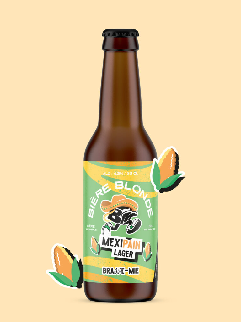 Bière artisanale Brasse-Mie Mexipain, lager blonde brassée avec du pain sec en mouvement.