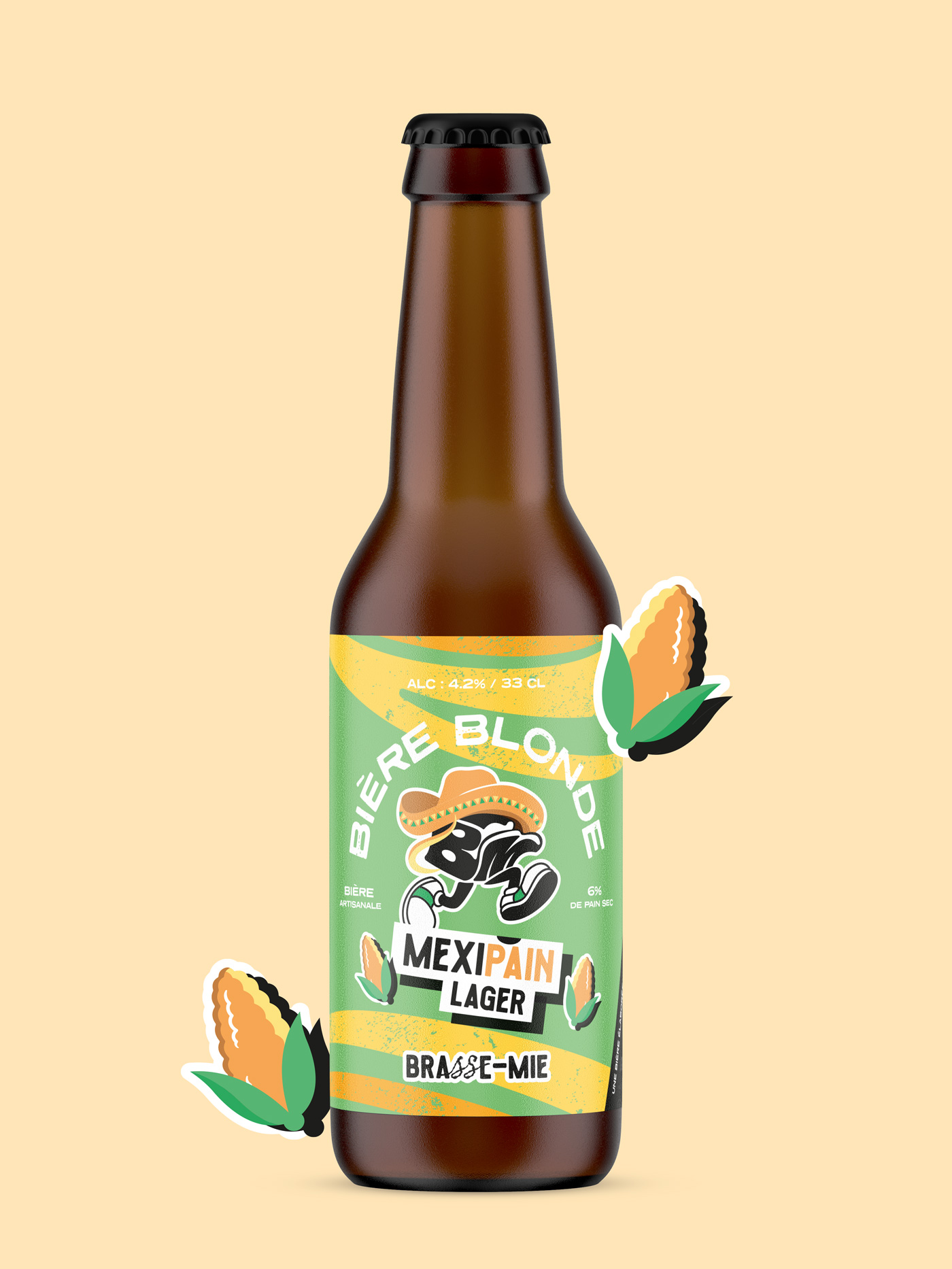 Bière artisanale Brasse-Mie Mexipain, lager blonde brassée avec du pain sec en mouvement.