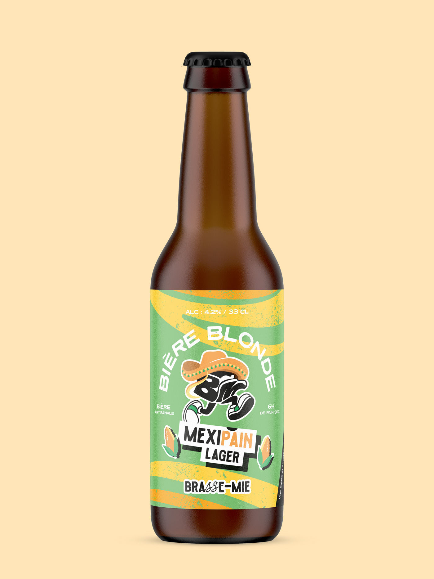 Bière artisanale Brasse-Mie Mexipain, lager blonde au pain sec, présentée sur fond jaune.